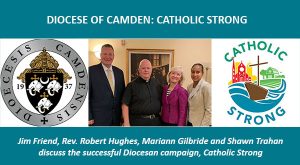 A group of people are standing in front of a banner that reads "diocese of camden catholic strong," advancing our church.