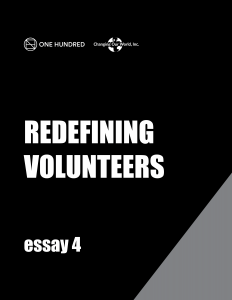 A black and white cover with the words redefining volunteers essay 4.