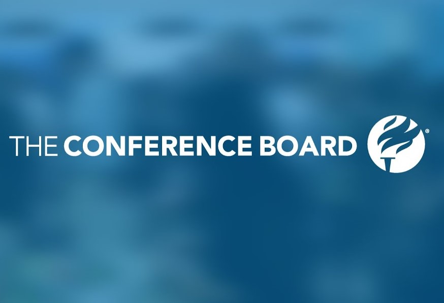 The conference board logo on a blue background.