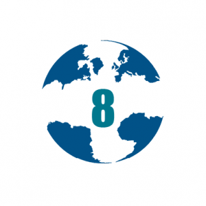 A blue globe with the number 8 on it, representing the impact of Coronavirus on a global scale.