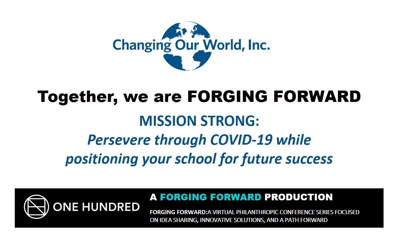 A poster that says changing our world together, mission strong.