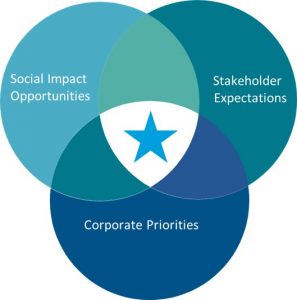 A venn diagram with the words social impact, stakeholders, opportunities, and corporate priorities.