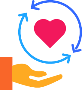 A hand holding a heart with arrows around it, guided by experienced fundraising consultants.