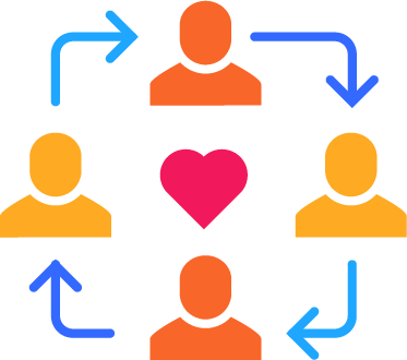 An icon of team of fundraising consultants surrounded by arrows and hearts.