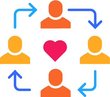 An icon of team of fundraising consultants surrounded by arrows and hearts.